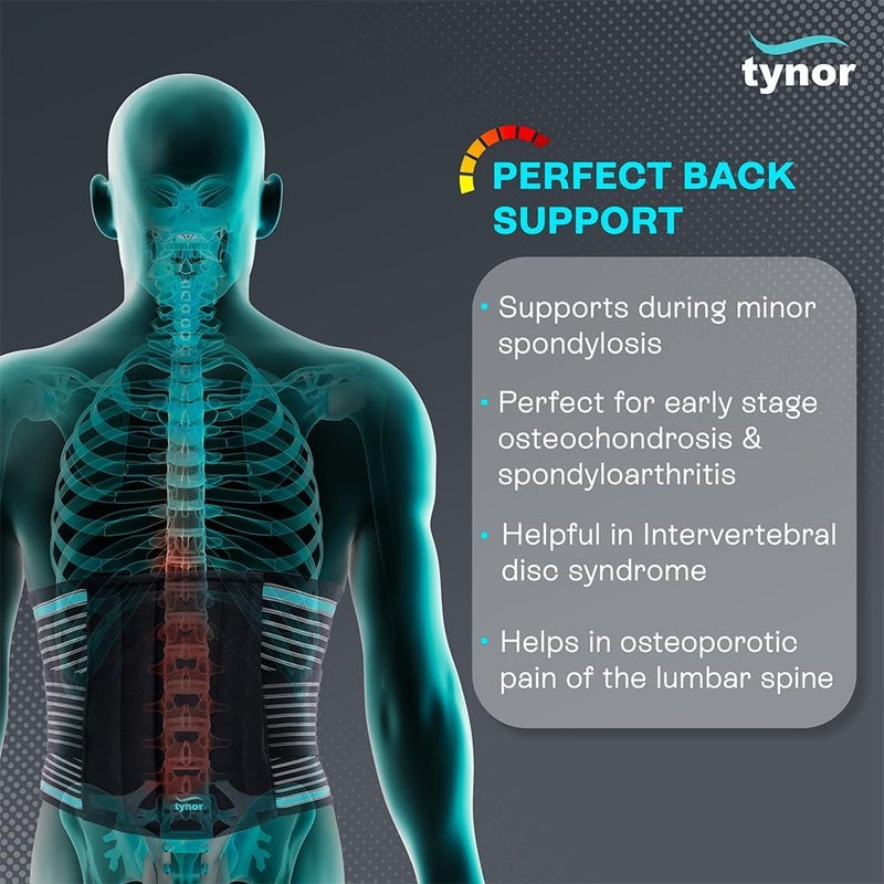 Tynor حزام دعم الظهر القابل للتعديل لدعم الظهر السفلي، حزام دعم قطني قابل للتنفس للرجال والنساء، حزام الظهر السفلي للقرص المنزلق، عرق النسا ورفع الأثقال (ميديم، أسود كلاسيكي) - Image 2